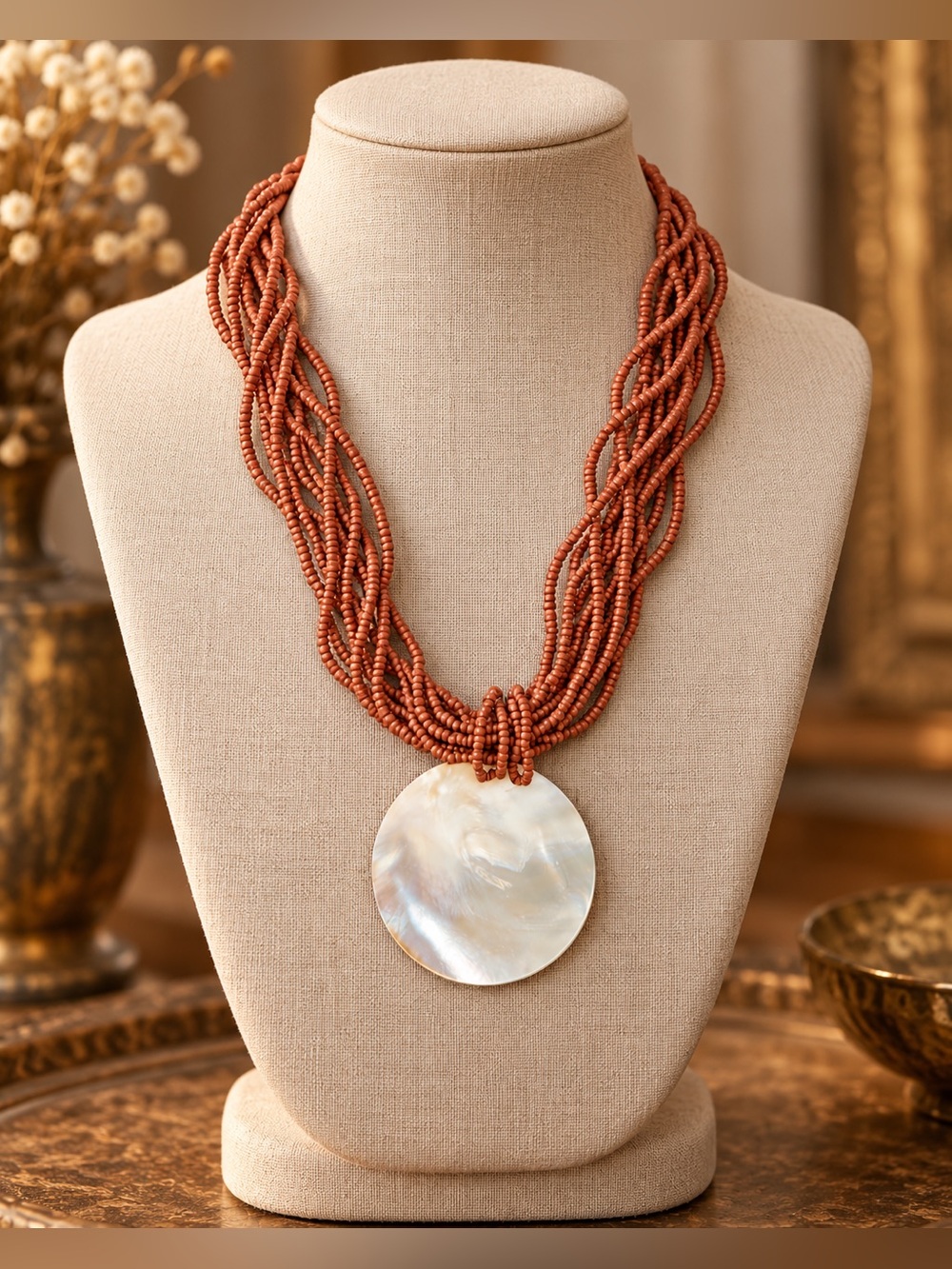 Vintage Multi Strand Seed Bead Mother of Pearl Shell Pendant Necklace • Boho Art